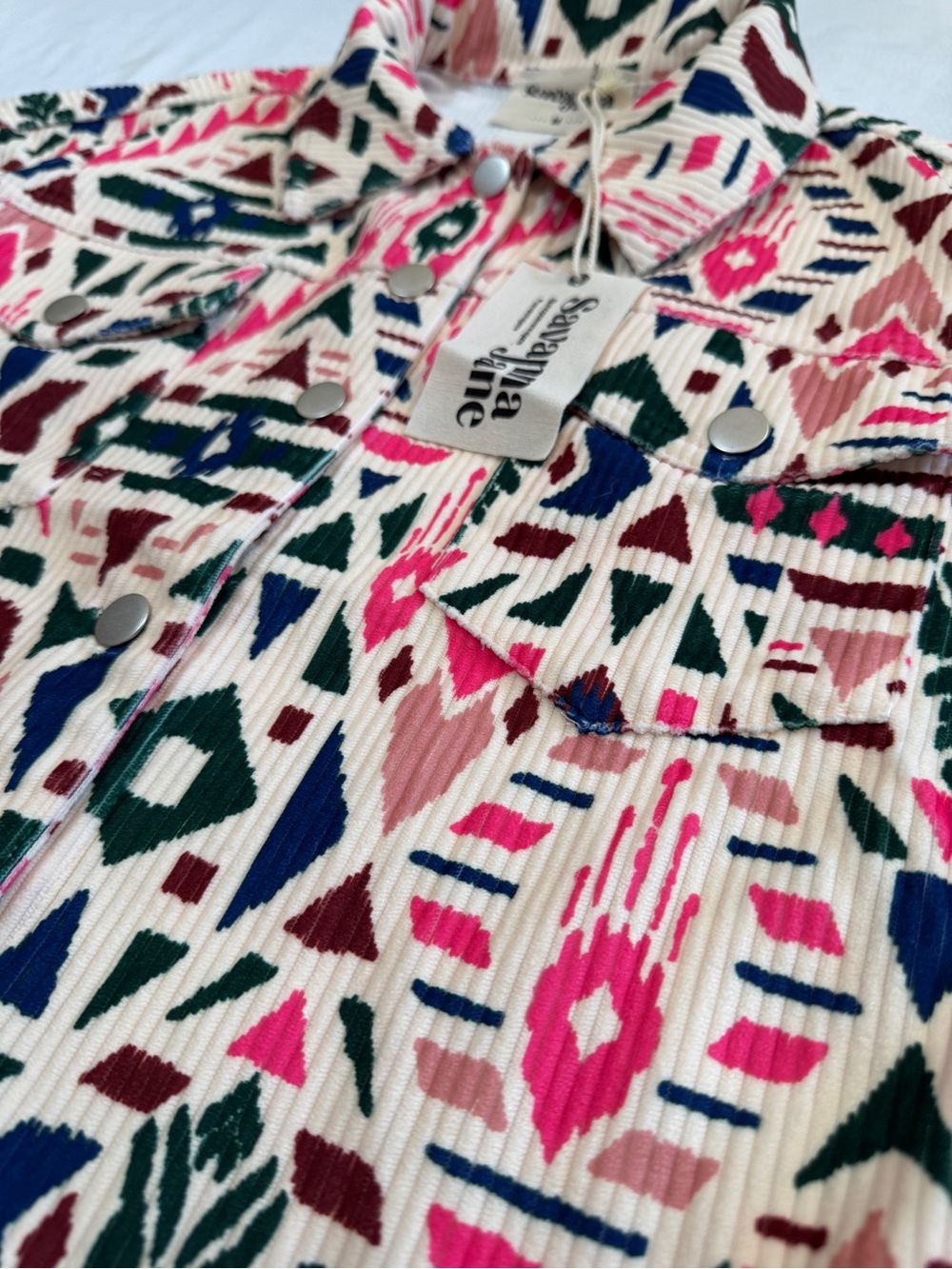 Savanna Jane Women’s Medium Aztec Print Corduroy Jacket High Low Shacket NWT - Picture 3 of 7